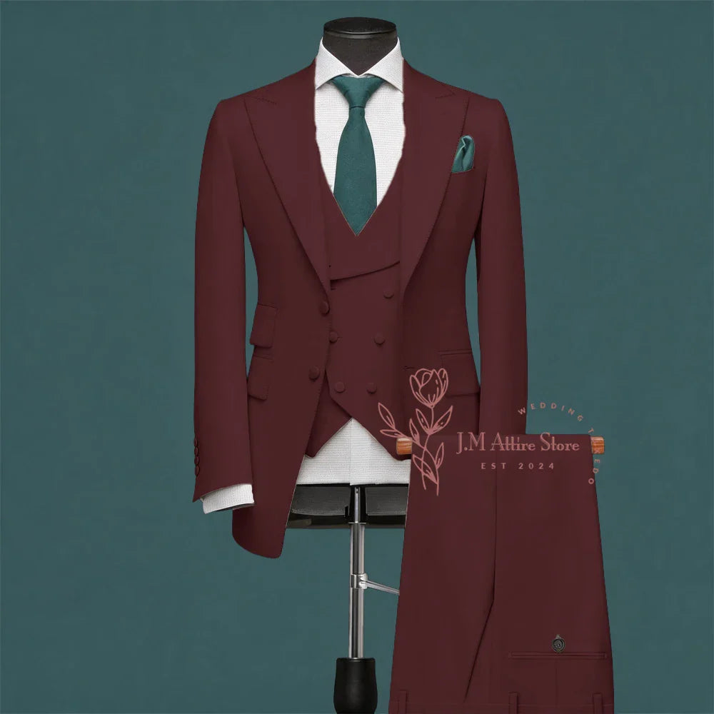 Light Green Men’s Suit Slim Fit Peak Lapel Jacket Double Breasted Vest Pants Wedding Formal 3 Piece Party Set For Groomsmen