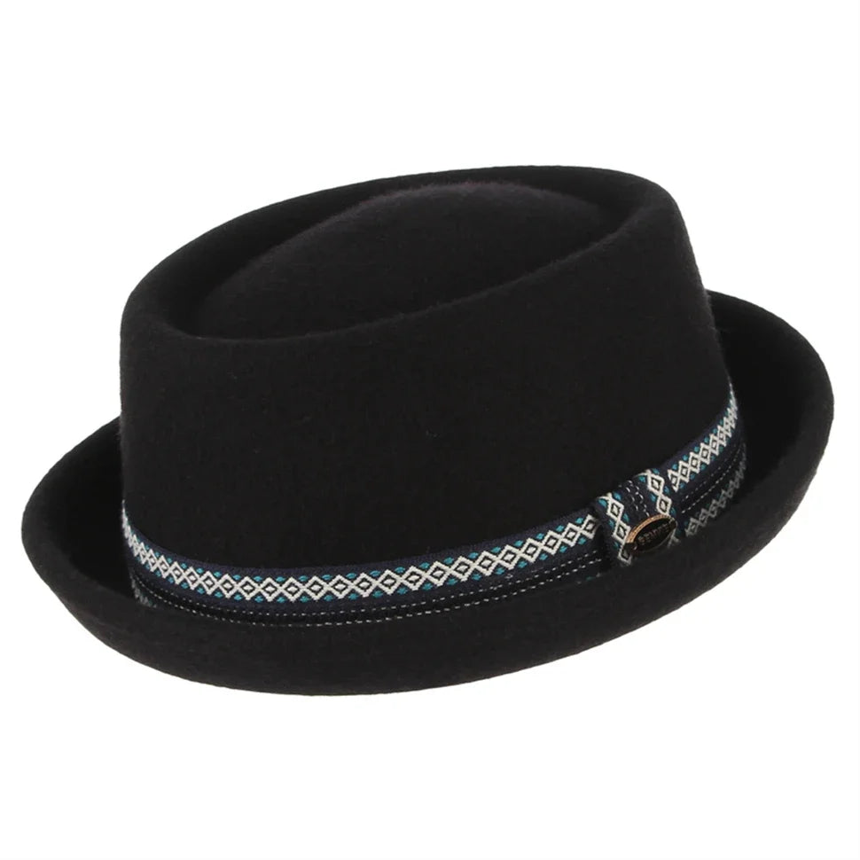 100% Wool Pork Pie Fedora Hat for Women Men Autumn Winter Felt Curved Brim Porkpie Hat