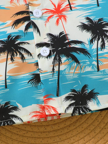 2-Piece Baby Boy Shorts Set Coconut Tree Pattern Short Sleeve And Overalls Summer Fashion Outfit for Infants