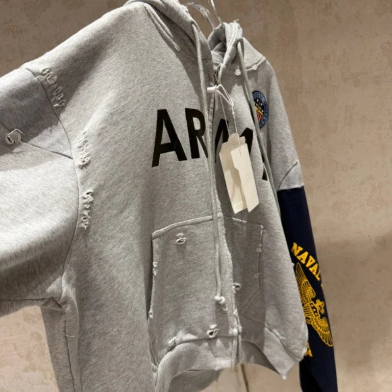 2026 Patchwork ARMY Vintage Damaged Cardigan Pullover Men Women Best Quality Hoodie