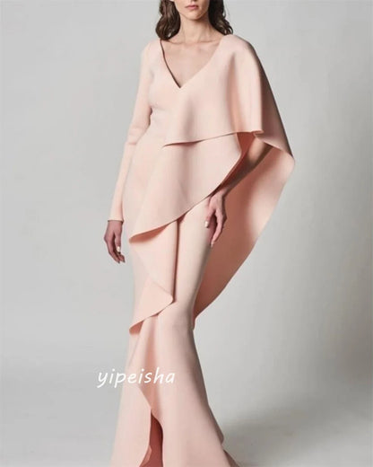 Customized Jiayigong  s Draped Tiered Ruffles Cocktail Party Sheath V-Neck Bespoke Occasion Gown Long Dresses