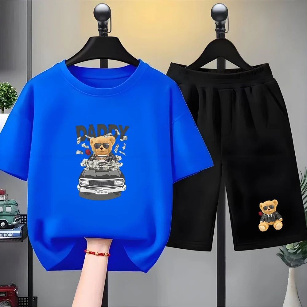 Children Short-sleeved T-shirt+Shorts black Boys Girls Toddler 3-12Yrs Sports Set Summe cool Tshirt Wealthy Bear Clothing