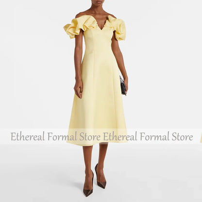 Modern Yellow Satin Women's Evening GownA Line Tea Length Formal Party Dress Off The Shoulder Saudi Dress Sleeveless Prom Dress