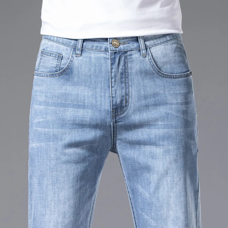 2024 Men's New Autumn Straight Casual Jeans Light Blue Classic Breathable Comfortable No Ironing Stretch Denim Trousers Male