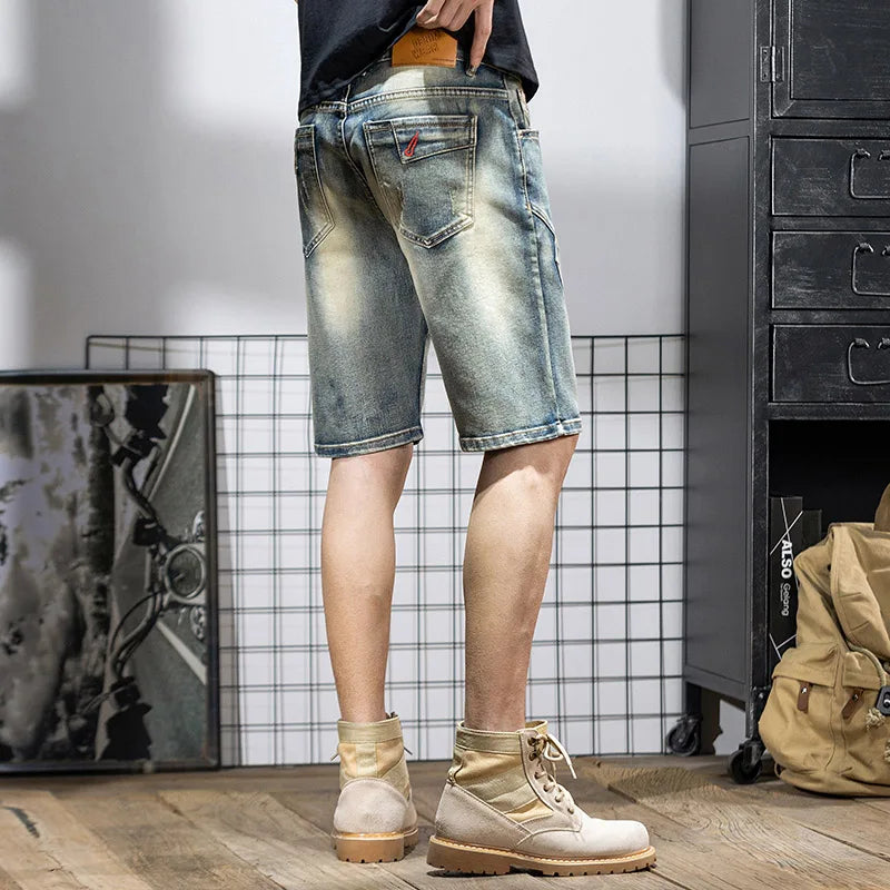 Summer Men's Denim Shorts Retro Motorcycle Elastic Cotton Fashion Knee Length Short Jeans Zipper Hip Hop Rock Streetwear