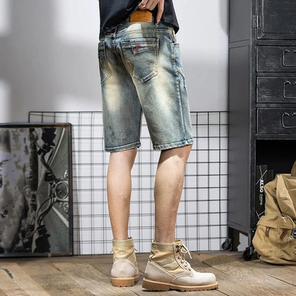 Summer Men's Denim Shorts Retro Motorcycle Elastic Cotton Fashion Knee Length Short Jeans Zipper Hip Hop Rock Streetwear