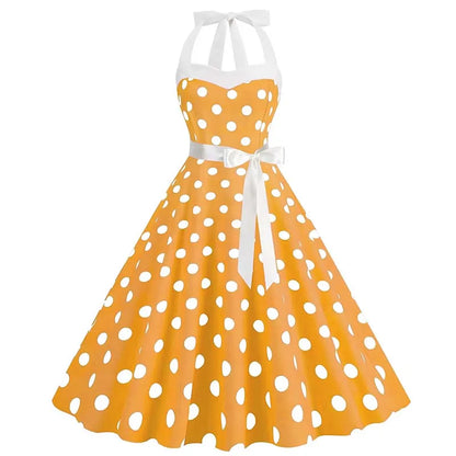 Women Summer Party Dress With Belt Polka Dot Print Halter Hepburn Robe 50s 60s Vintage Dresses