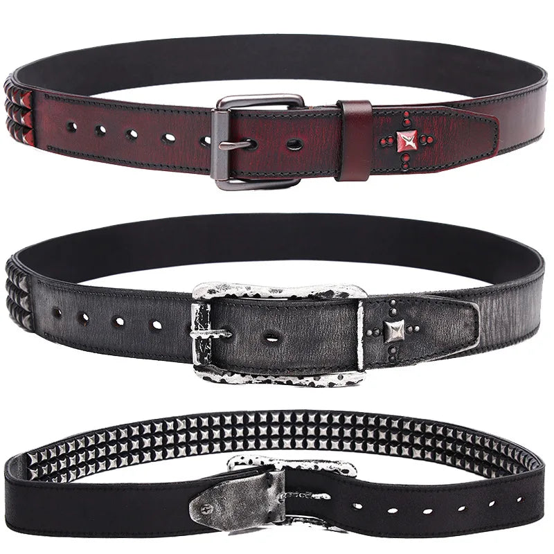 3.8CM Retro Real Genuine Leather Belt Luxury Thick Rivet Belts Men Leather Vintage Strap Male Wide Jeans Ceinture Black Waist