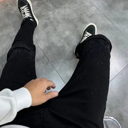 Korean Luxury Clothing Hot Diamonds Cowboy Pants Men 2025 Black Men's Slim HOLE Jeans Spring Autumn Denim Distressed Trousers