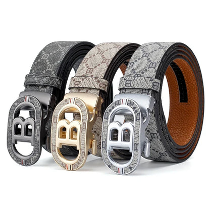 Fashion B Letter Auto Buckle Belt Men's Monogram Print PU Leather Adjustable Waist Strap for Daily Work