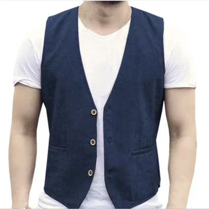 V Neck Men's Linen Vest Single Breasted Vintage Real Pocket Men's Summer Linen Waistcoat For Wedding
