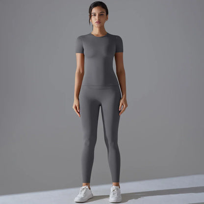 Yoga Set Women Workout Set Sportswear Gym Clothing Fitness Shorts Sleeve Crop Top High Waist Leggings Sports Suits