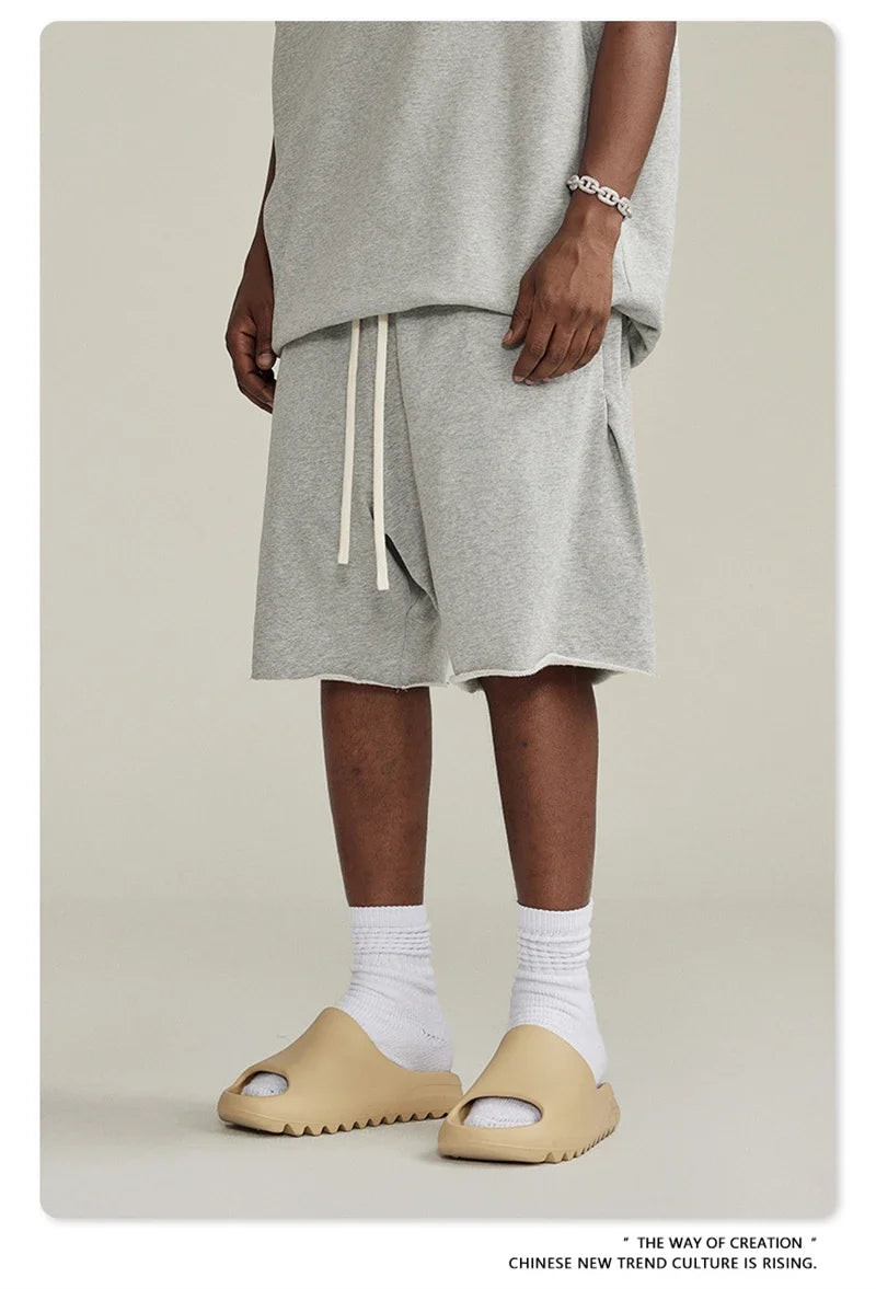 New Summer Men Retro Washed Shorts Unisex Drawstring Loose Edge 420gsm Solid Knee Length Cotton Pants Streetwears HY0589