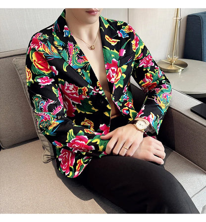 2026 Thin Men's Black Printed Suit Jacket, Asian Size V-Neck Single Button Blazer, Red Nostalgic Style Long Sleeve Cotton Coat.