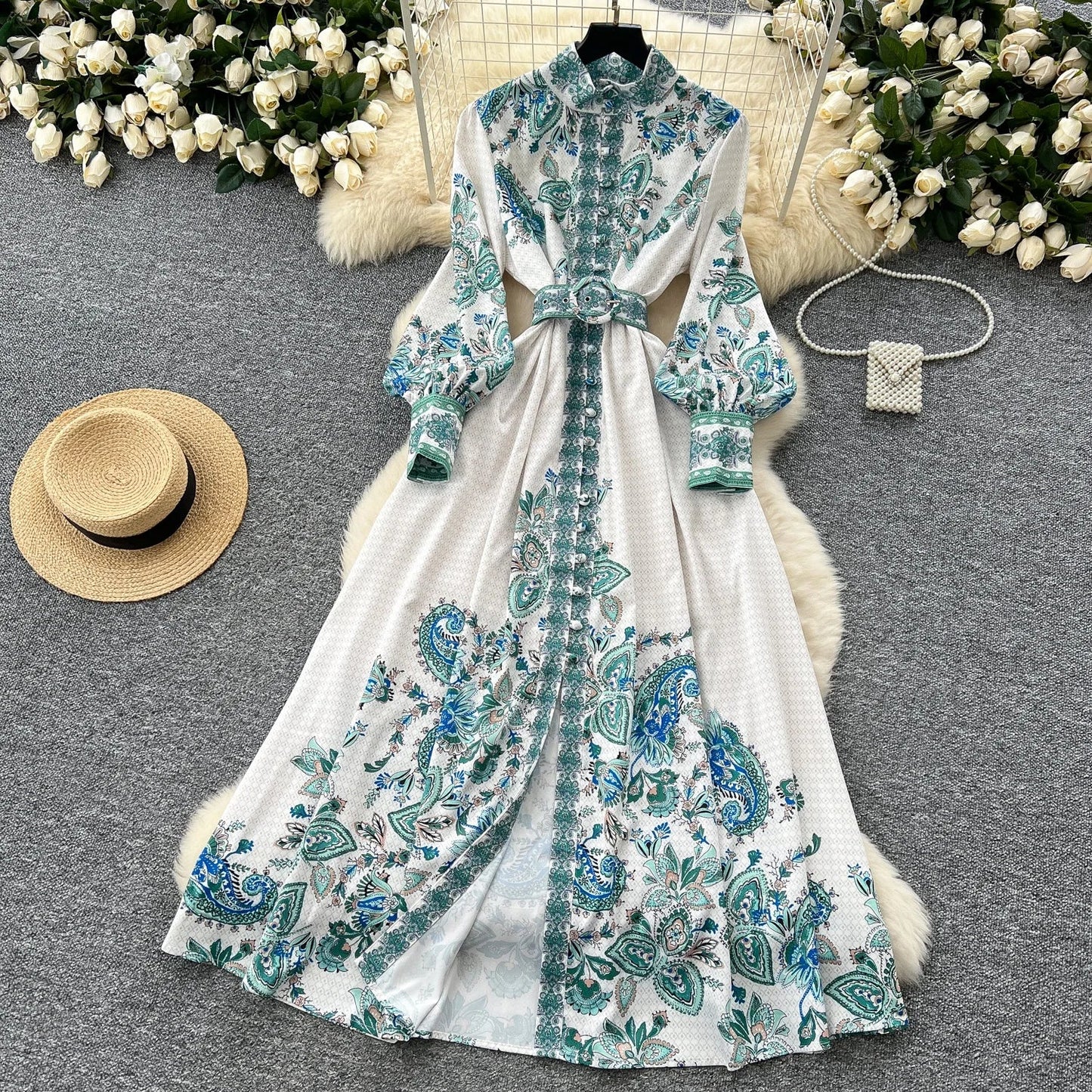 Retro Faion Print Stand Collar Single Button Women's Dr Waist Cinched Floor Length Skirt Korean Sle High Waist Long Sl...