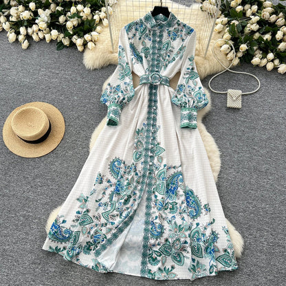Retro Faion Print Stand Collar Single Button Women's Dr Waist Cinched Floor Length Skirt Korean Sle High Waist Long Sl...