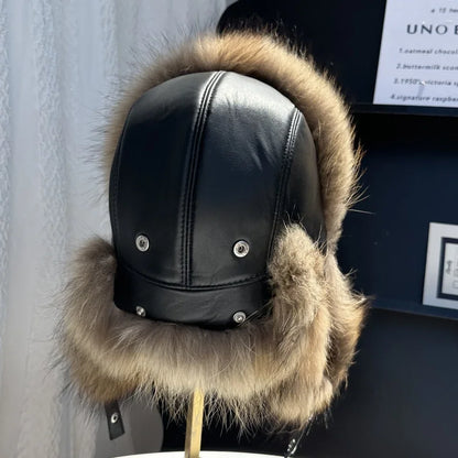 100% genuine fox fur ear-protecting hat Men real raccoon fur bomber hat Women winter warm fur real sheep leather snow hat