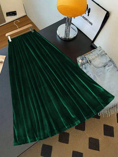 تنورة مخملية أنيقة للسيدات بطول متوسط وتصميم على شكل حرف A، تنورة ماكسي كلاسيكية بلون سادة للنساء