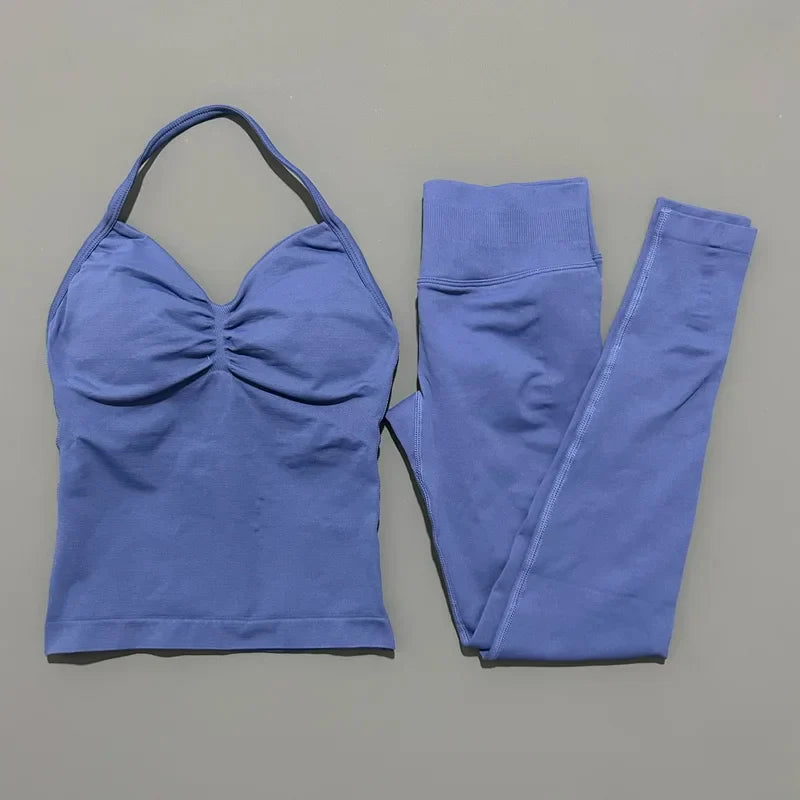 2Piece Sports Gym Set Women Longline Strappy Top Fitness Clothes Seamless Yoga Set Running Workout Sports Leggings Sets