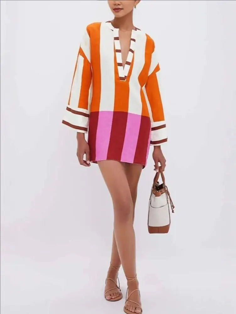 Autumn Winter Women Linen Material Mini Dresses Print Sexy V-neck Hollow Out Long Sleeves Robeson Beach Party Female Dresses