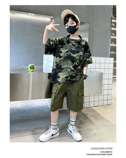 Kids Summer Set Causal Camouflage Sportswear Two Piece Clothing Set for Teenage Boy Short Sleeve T-shirt Shorts Tracksuit Outfit