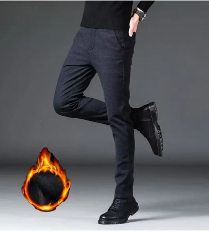 Fashion Men Thermal Fleece Casual Pants Winter Thick Straight Slim Velvet Trousers Brand Clothing Korean Male Pants Size 28-38
