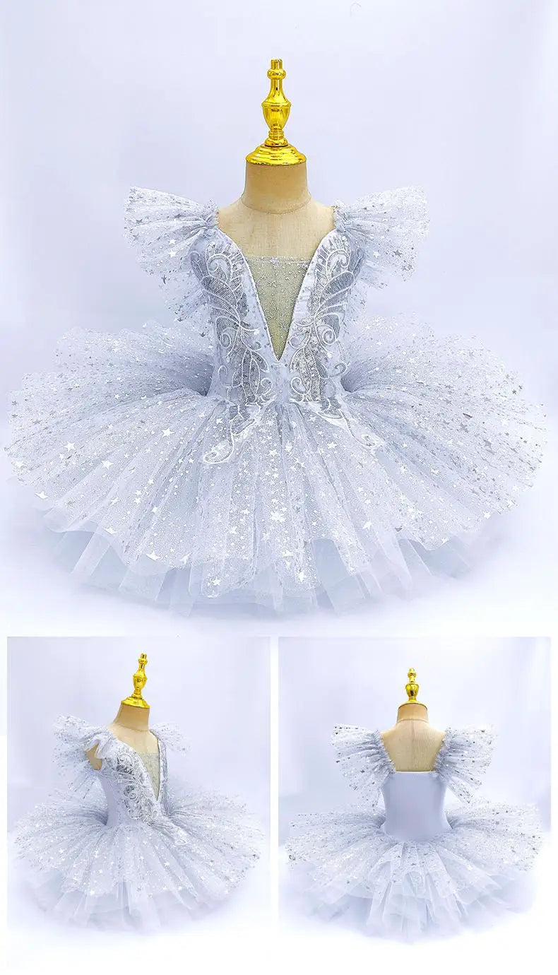 Kids Sequin Ballet Dress Performance Clothes Silver Girls Modern Dance Skirts Children Ballet Tutu Party Princess Dress Costumes