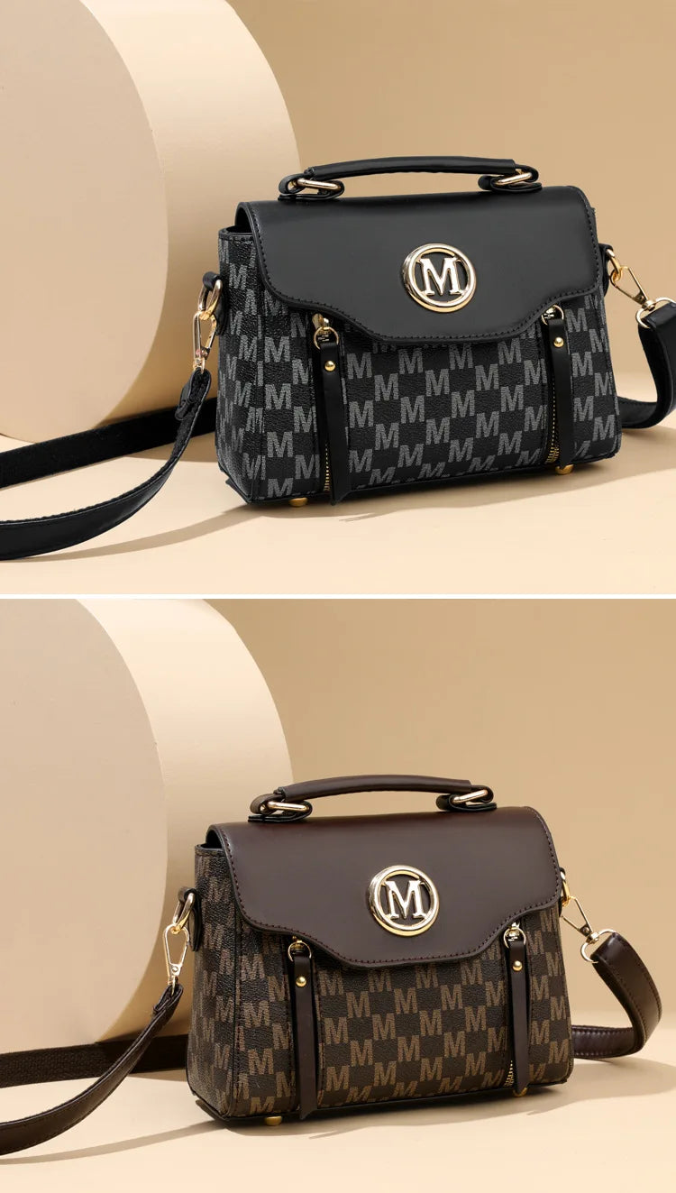Vintage Women's Tote Bag Stylish PU Handbag Shoulder Bag with Golden Letter "M" Design Detachable Strap Perfect for Everyday Use
