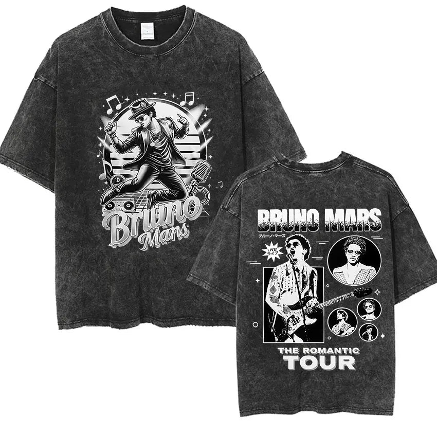 Bruno Mars The Romantic Tour 2026 Vintage Washed T Shirts Men's Women Punk Gothic Fashion Cotton Short Sleeve T-Shirt Streetwear