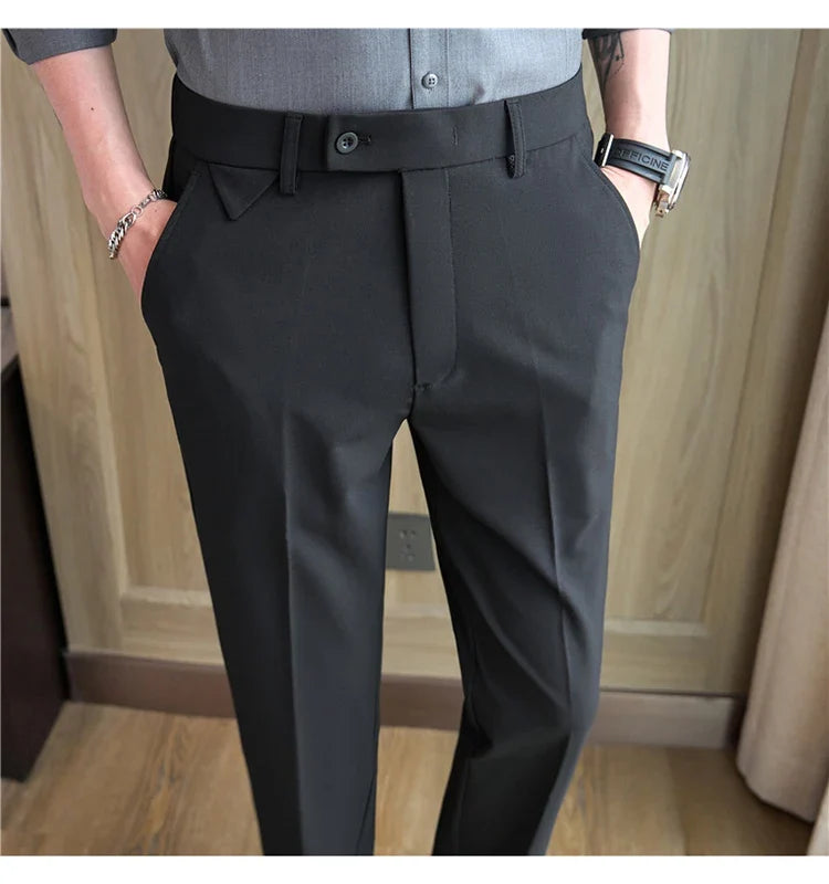 Men's High-Grade Trousers, Stretch Waist, Casual Trousers Slim Fit Navy Blue, Business All-Match，Male Pants