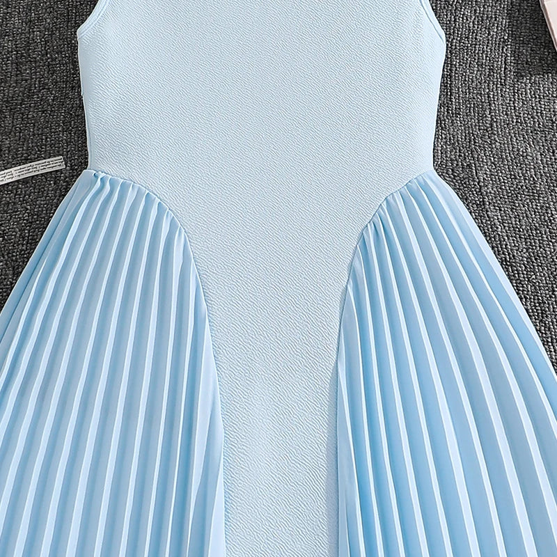 Girls 8-12 Light Blue Summer Casual Dress, Front Sleeveless Bow Decor High Waist Pleated Skirt, Daily Kids Outfit