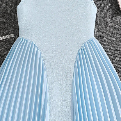 Girls 8-12 Light Blue Summer Casual Dress, Front Sleeveless Bow Decor High Waist Pleated Skirt, Daily Kids Outfit