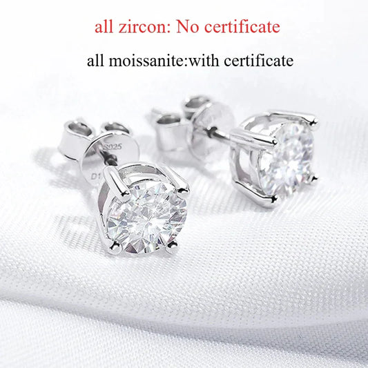 Certified 0.1-7CT 4-claws Moissanite Stud Earrings for Women Brilliant Cut Sparkling Lab Diamond Earring Pure 925 Silver