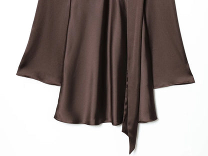 Women Fashion Satin Elegant Short Dress Summer Autumn New Long Sleeve Scarf V neck Mini Dress Female Elegant Party Dresses