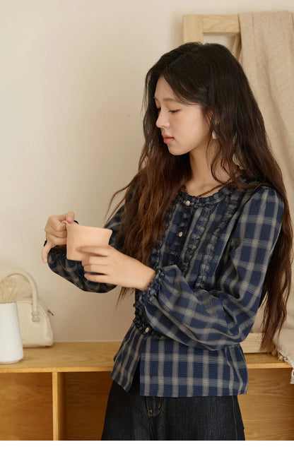 Women's Vintage Blue Plaid Shirt 2025 Autumn New Elegant Luxury Loose Waist Shirts Round Neck Long Sleeved Top MXE45X2480