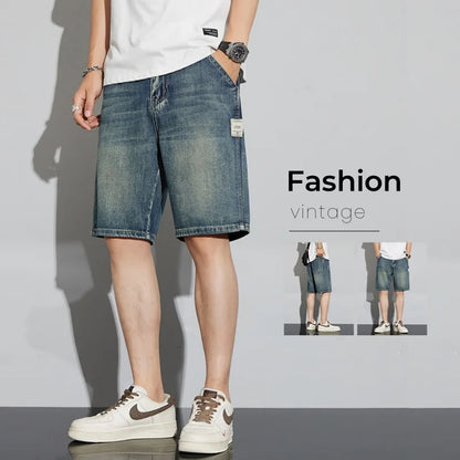 Summer Vintage Denim Shorts Men's Fashion Straight Casual Loose Streetwear Bermuda Jeans Male Short Pants Streetwear
