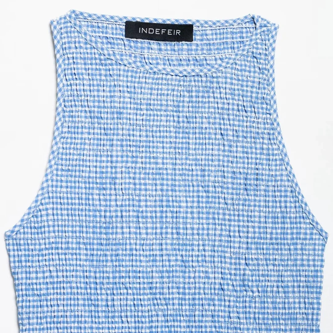 Dress for Women Fashion Summer New Plaid Fold Sleeveless O-neck Midi Vest Dresses French Chic Female Evening Clothing