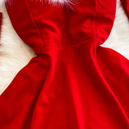 Women's Christmas Dress Sexy Low-cut Waist Thin Big Pendulum Fluffy Splicing Suspender Tube Ling Dress Red