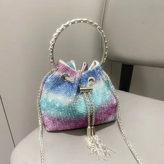 Rhinestones Diamond Evening Clutch Bag Luxury Designer Metal Ring Women's Handbag Wedding Party Bling Bucket Purse Shoulder Bag