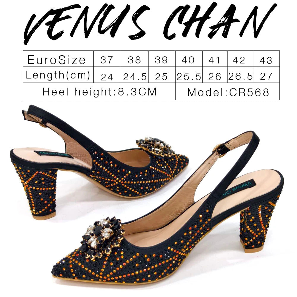Elegant Woman Heel Shoes INS Style Pointed-Toe Rhinestone Pumps African Ladies Italian Shoe and Bag Set Designer 2024
