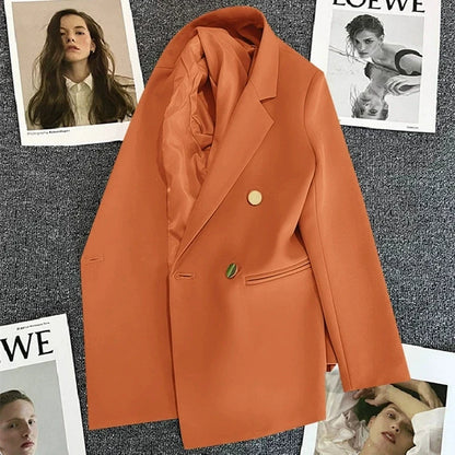 Casual Small Suit Jacket Women Fashion Loose Metal Double-Breasted Blazer Coat Korean Occupation Office Formal Lapel Blazers