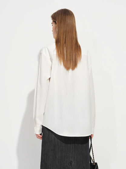 2026 Spring Women's Relaxed Fit Stand Collar Shirt Soft Touch Oversized Blouse White Blue Healing Commute Minimalist Style