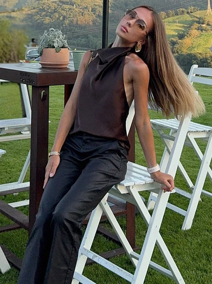 Spring Elegant Women Satin Halter Tops 2026 Summer Backless Off Shoulder Corset Vest Female Fashion Slim Crop Tank Top