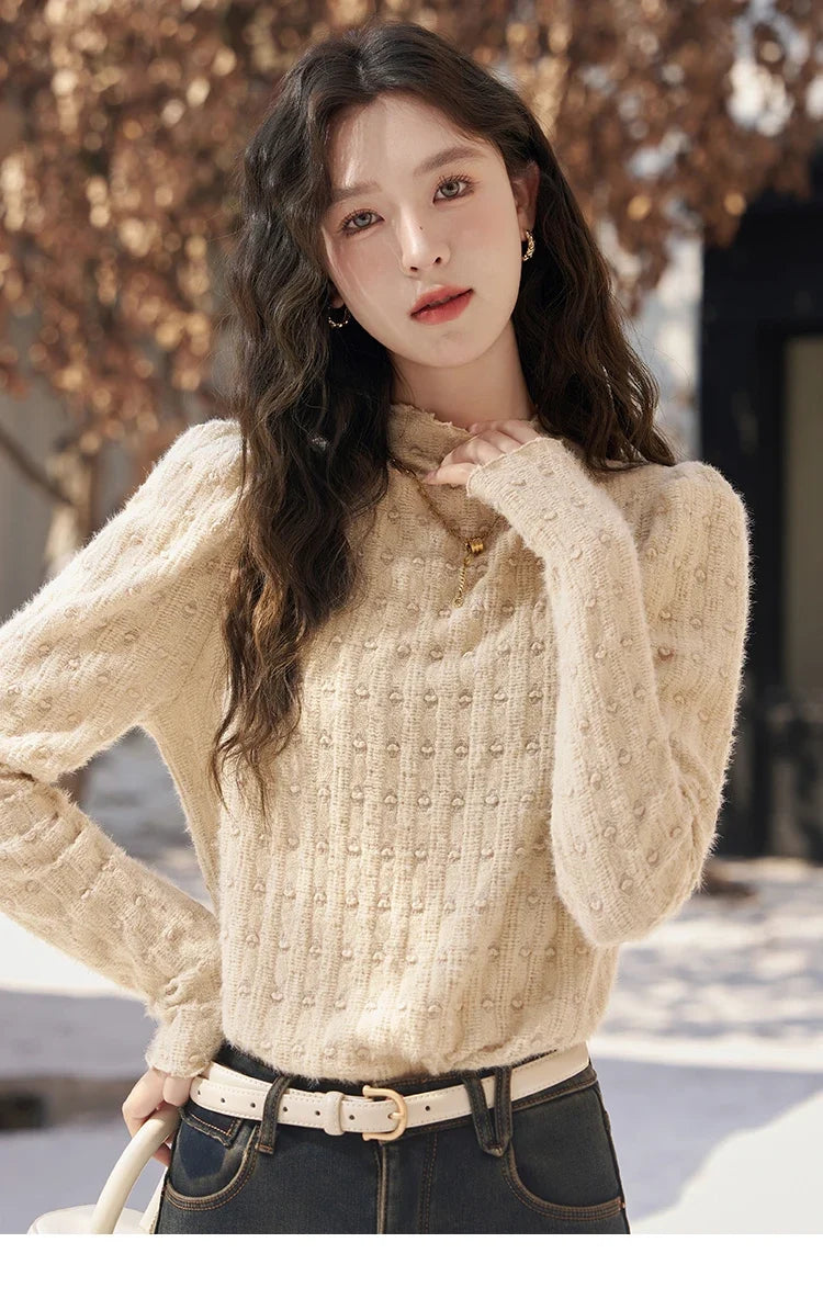 Lace Bottoming Shirt Women Autumn Winter Mock Neck Long Sleeve Knitted Pullover French Warm Inner Top Female MXC58Z0481