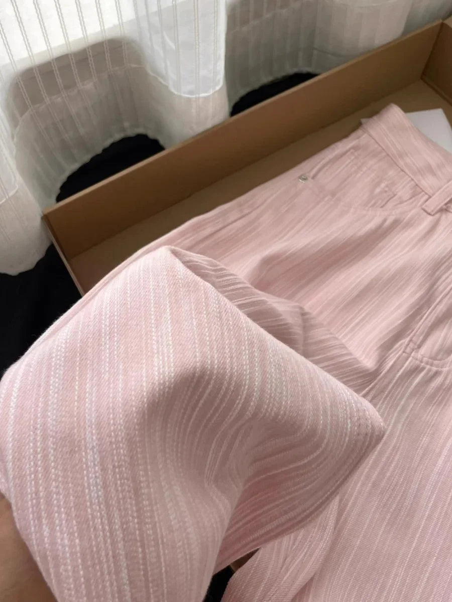2025 Summer Thin High Waist Straight Leg Wide Leg Pants Women's Denim Jeans Floor-Length Casual Pink Trousers Long Pants Feamle