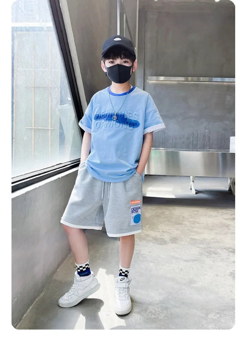 Summer Boys Cotton Alphabet Embossing t-Shirt Tops+Drawstring Short Pants Set School Kids Tracksuit Child Outfit Suit 5-16 Years