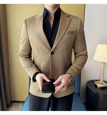 British Style Plaid Suit Jacket For Men 2025 New Business Casual Slim Blazer Formal Wedding Party Suit Dress Coats Men Clothing