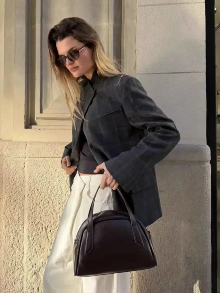 Women Fashion Plaid Blazer Coat Stand Collar Long Sleeve Jacket 2026 Spring Trend Casual Office Lady Chic Outerwear