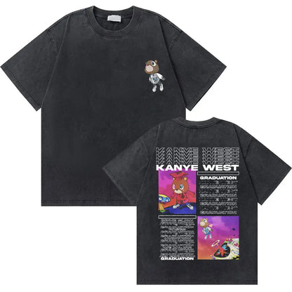 Washed Vintage Rapper Kanye West Graduation Bear Graphic T Shirt Men Pure Cotton T-shirt Men's Hip Hop Fashion Oversized Tshirt