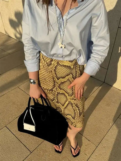 Snakeskin Printed Fashion Skirt Women's High Waist Slim Contrast Patchwork Commute Streetwear Female Vintage Y2k Skirt DDX8